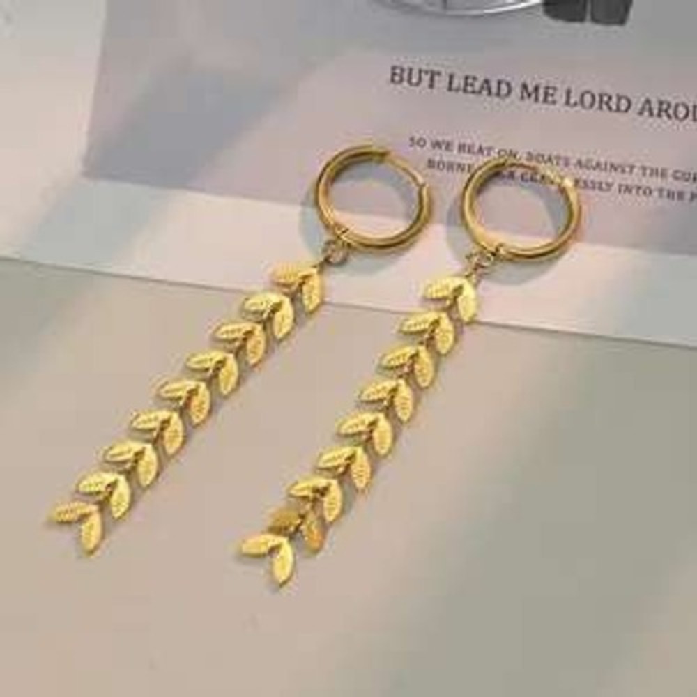 18K Gold Plated Stainless Steel Wheat Leaf Drop Huggie Hoop Earrings Gold 2.24"